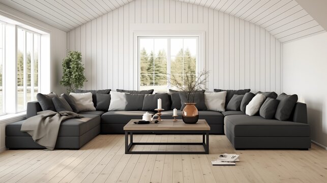 Light oak hardwood floors with a dark charcoal gray sectional and white shiplap walls.