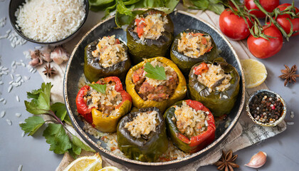 Arab Cuisine - Mahshi (stuffed vegetables, such as bell peppers, zucchini, or grape leaves, filled with a mixture of rice, meat, and spices)