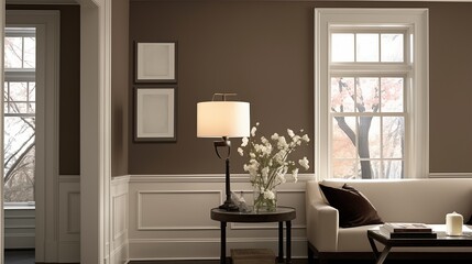 Light taupe walls with a dark espresso-stained wood accent wall and white trim.