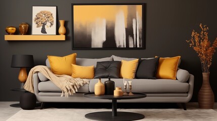 Light taupe walls with a dark charcoal gray sofa and pops of marigold yellow in pillows and artwork.