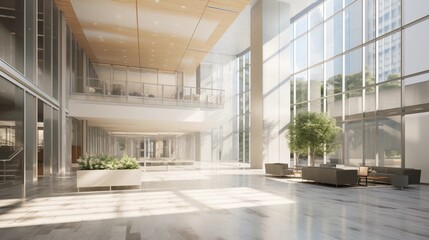 Light-filled atrium lobby in office tower with whites and pewter gray stone. - obrazy, fototapety, plakaty