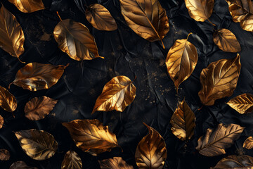 A luxurious background with a pattern of golden leaves against a black velvet backdrop, creating an abstract design that exudes opulence and grandeur