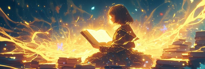 Illustration of a child reading a book, magical unknown mysterious fantasy world in the book, banner - obrazy, fototapety, plakaty