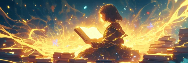 Fotobehang Illustration of a child reading a book, magical unknown mysterious fantasy world in the book, banner © pundapanda