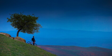 A cyclist standing at the edge of a hill near a tree, with a beautiful landscape in the background.