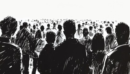 A large crowd of people gathered in the style of an ink drawing, with black and white lines Generative AI - obrazy, fototapety, plakaty