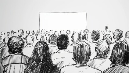 A black and white ink drawing of people in the crowd, seen from behind The style is simple line art with no shading or color, capturing only outlines against a plain background Generative AI - obrazy, fototapety, plakaty