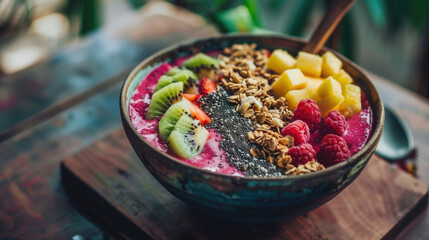 A nutritious breakfast bowl filled with a vibrant smoothie mix, topped with kiwi, raspberry, mango, granola, and chia seeds