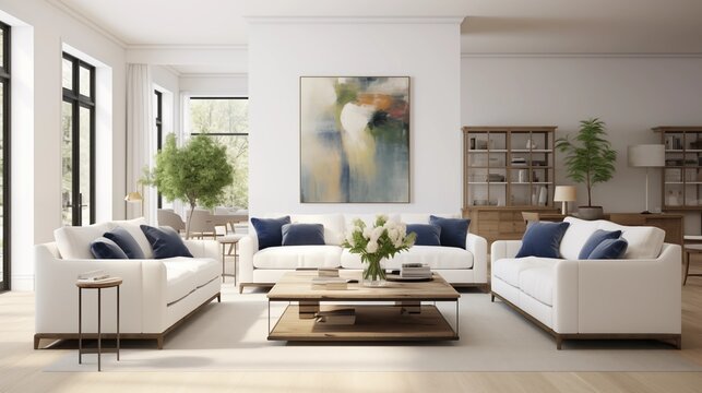 Living room with bright white sofas, light oak and slate blue metal side tables.
