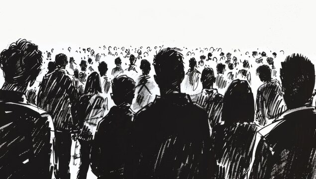 A large crowd of people gathered in the style of an ink drawing, with black and white lines Generative AI