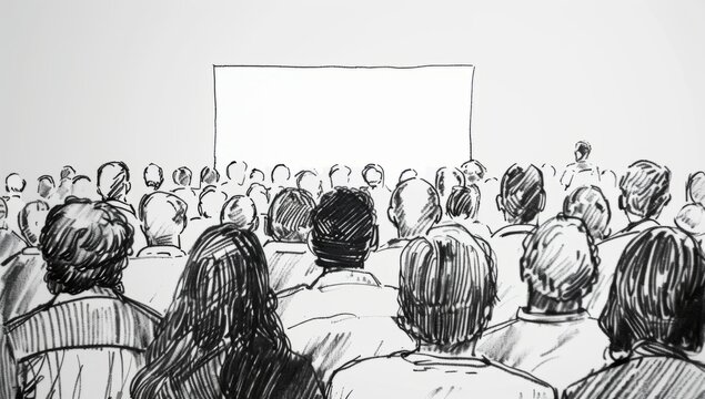 A black and white ink drawing of people in the crowd, seen from behind The style is simple line art with no shading or color, capturing only outlines against a plain background Generative AI