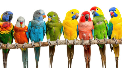 Obraz premium Diverse group of vibrant birds, each displaying different array of colors, perched together on thick tree branch