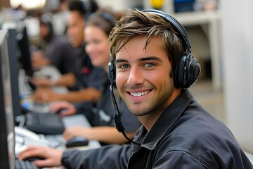 A customer service agent helping corporate clients with computer issues at work. Concept Technical Support, Corporate Clients, Computer Issues, Customer Service Agent, Workplace Assistance
