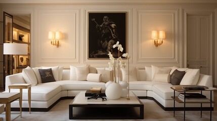 Living room with crisp white sectional and burnished bronze candelabra lamps. - obrazy, fototapety, plakaty