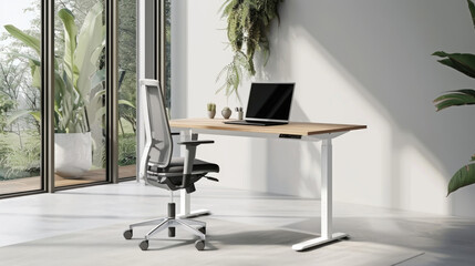 Neatly organized work space with an ergonomic office chair and a laptop on a wooden desk, bathed in natural light from a floor-to-ceiling window