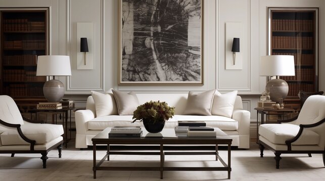 Living room with crisp white sofas and vintage inspired bronze hammered table.