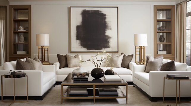 Living room with crisp white sectional and burnished bronze candelabra lamps.