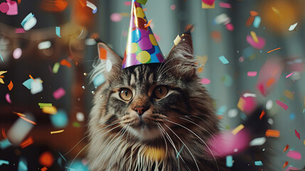 A cat standing with a party hat on its head, surrounded by colorful confetti