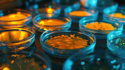 Close-up view of petri dishes with bacterial colonies incubating on nutrient agar, illuminated by a warm, artificial light - obrazy, fototapety, plakaty