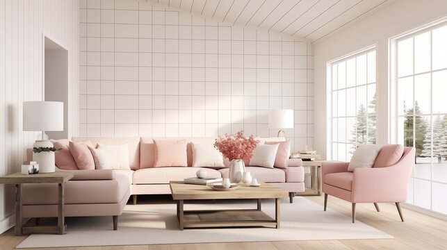 Living room with dusty rose sofas and crisp white shiplap accent wall.