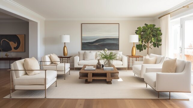 Living room with ivory linen chairs and wire-brushed oak hardwood floors.