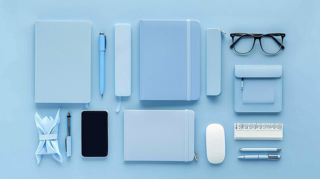 A collection of assorted office supplies neatly arranged on a blue desk surface