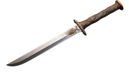 A knife with an intricately designed handle, set against a stark white background
