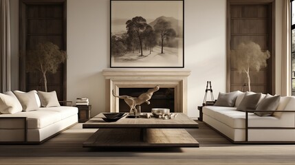 Living room with ivory sofas, light oak and graphite gray distressed hardwoods.