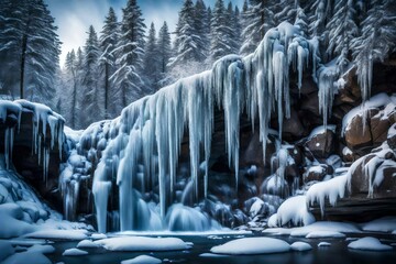 The waterfall frozen in time, captured during winter, with icicles hanging from the rocks, creating a magical winter wonderland