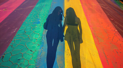 concept of Belonging Inclusion Diversity Equity DEIB or lgbtq,  group of black shadow silhouettes of girls of different cultures and skin, on rainbow multicolor background	 - obrazy, fototapety, plakaty