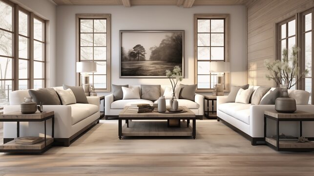 Living room with ivory sofas, light oak and graphite gray distressed hardwoods.