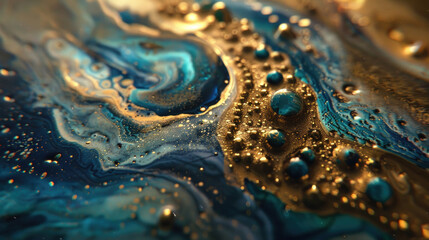 Detailed close-up of a vibrant abstract painting featuring intricate swirls of blue and gold colors