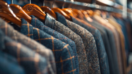 Variety of jackets and coats for men displayed on wooden hangers, showcasing different patterns and textures