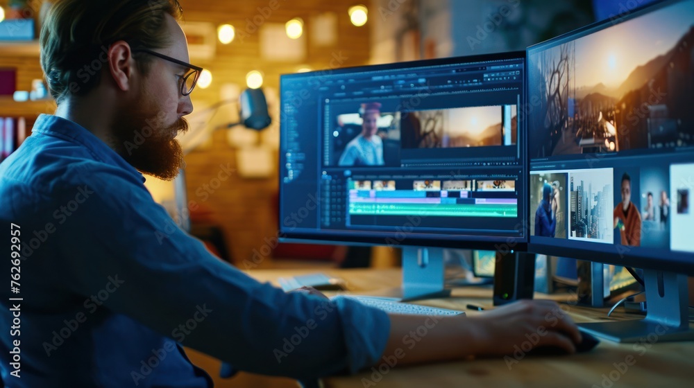 Poster man working at computer desk generative ai