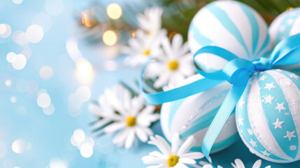 Obraz premium Blue and white Christmas ornament adorned with delicate daisies, adding touch of charm and elegance to holiday decor