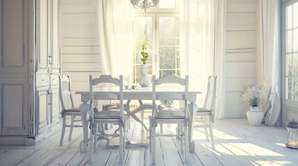 Elegant white wooden table and chairs in dining room