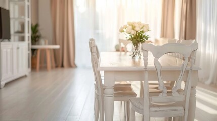Elegant white wooden table and chairs in dining room