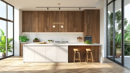 Kitchen interior in beautiful new luxury home with kitchen island and wooden floor, bright modern minimal style, with copy space.