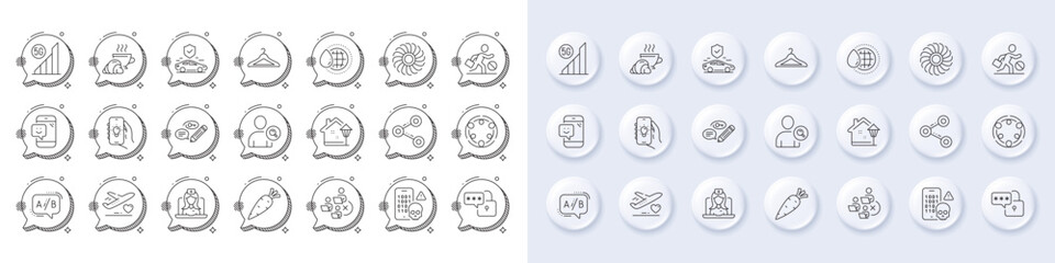 Ab testing, Remove team and Medical flight line icons. White pin 3d buttons, chat bubbles icons. Pack of Keywords, Share, Telemedicine icon. Smile, Carrot, Lock pictogram. Vector