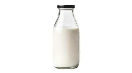 A glass bottle filled with milk, standing on a clean white background