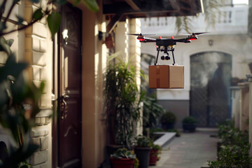 Drone with a package on the street. Shallow depth of field