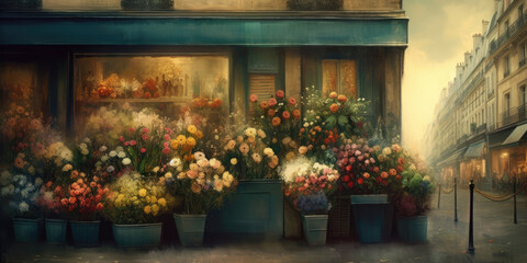 Flower shop in Paris, France, Europe. Window and Facade of the flower store, Cute Vintage Illustration. Beautiful floral background for greeting card, banner design with copy space - obrazy, fototapety, plakaty