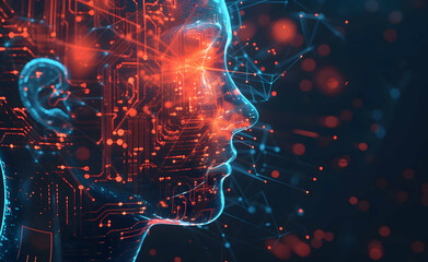 AI fusion of human intellect and machine precision, digital brain, tech innovation, future concept. - obrazy, fototapety, plakaty