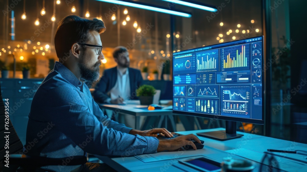 Poster financier working at desk with computer generative ai