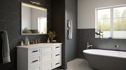 Fotobehang Master bathroom with white vanity and honed charcoal gray hex tile accent wall. © Aeman