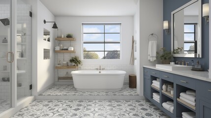 Fototapeta na wymiar Master bathroom with white vanity and smoky blue-gray cement tile accent wall.