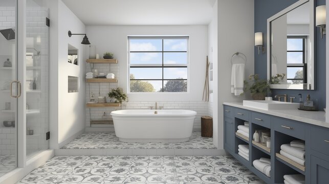 Master bathroom with white vanity and smoky blue-gray cement tile accent wall.