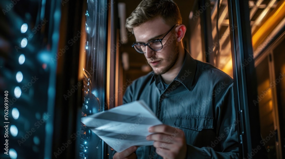 Poster man reading document in server room generative ai
