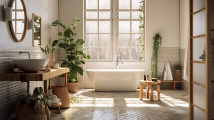 A bathroom with a white bathtub, a wooden vanity, and a mirror. The bathroom is decorated with plants and has a natural, calming atmosphere - obrazy, fototapety, plakaty