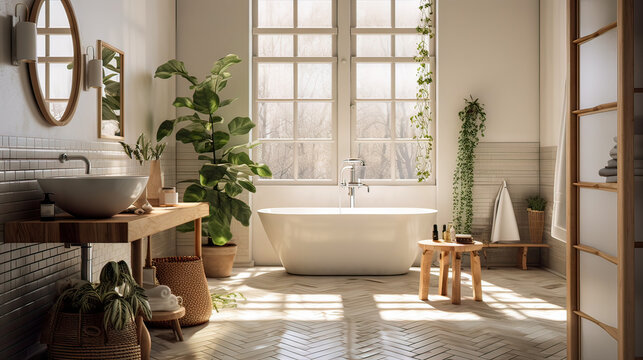 A bathroom with a white bathtub, a wooden vanity, and a mirror. The bathroom is decorated with plants and has a natural, calming atmosphere